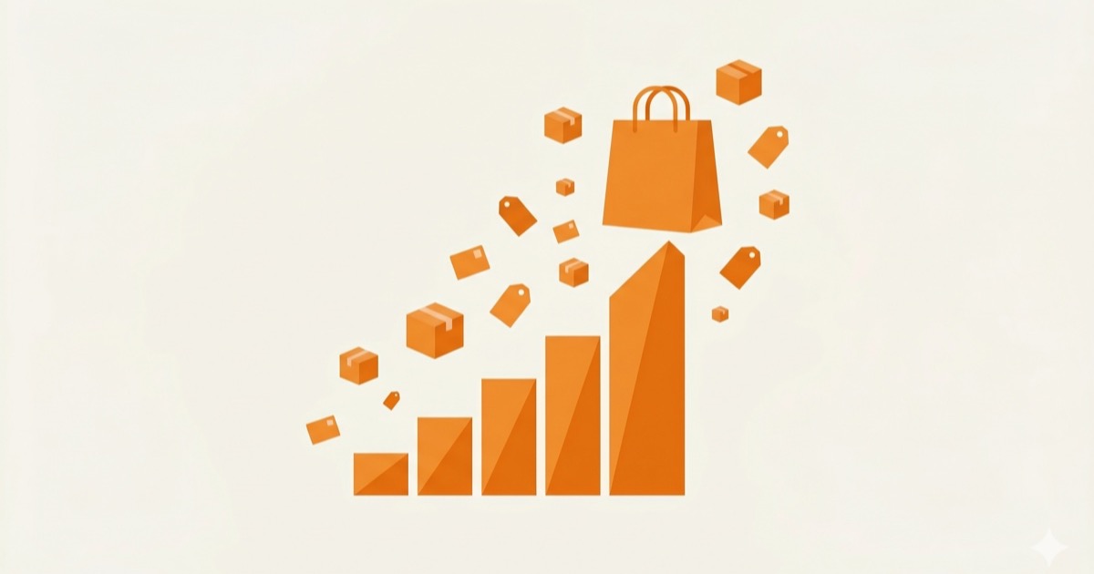 Editorial illustration of a shopping bag rising from an ascending bar chart in orange palette.