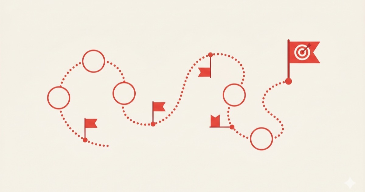 Editorial illustration of eight numbered nodes connected by a winding path to a finish flag in red palette.