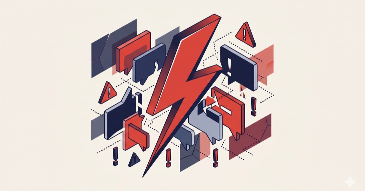 Editorial illustration of a lightning bolt cutting through message bubbles in red palette.