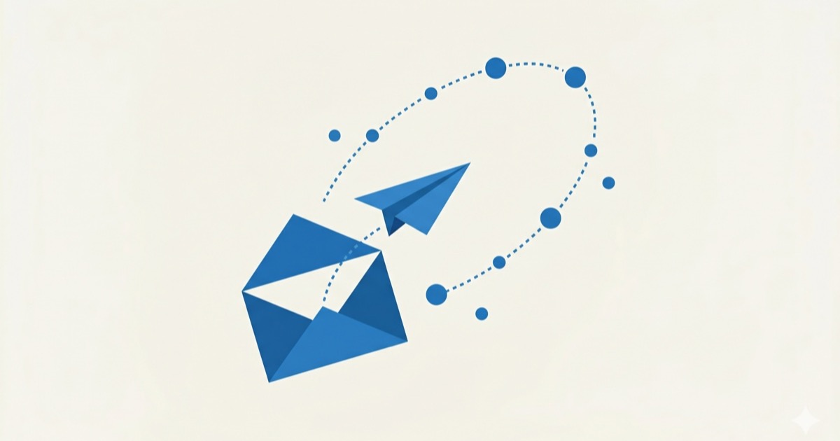Editorial illustration of an open envelope with a rising paper airplane in blue palette.
