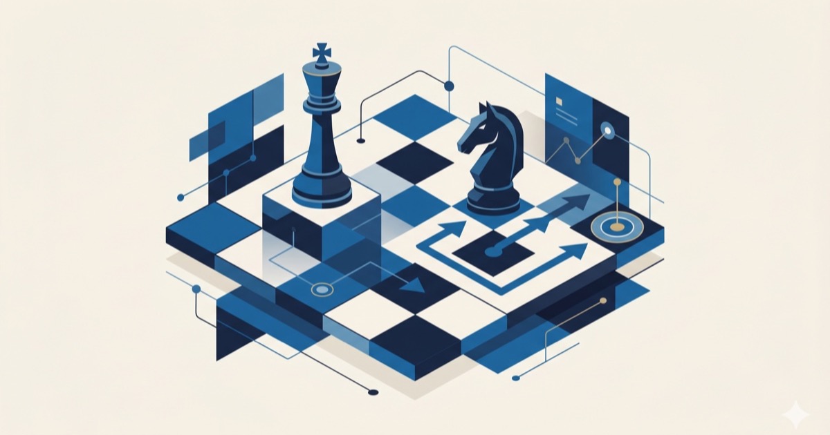 Editorial illustration of a chess board with pieces and directional arrows in blue palette.