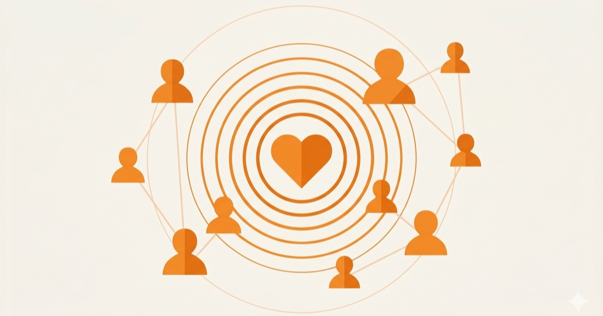 Editorial illustration of a centered heart with concentric ripples and silhouettes in orange palette.