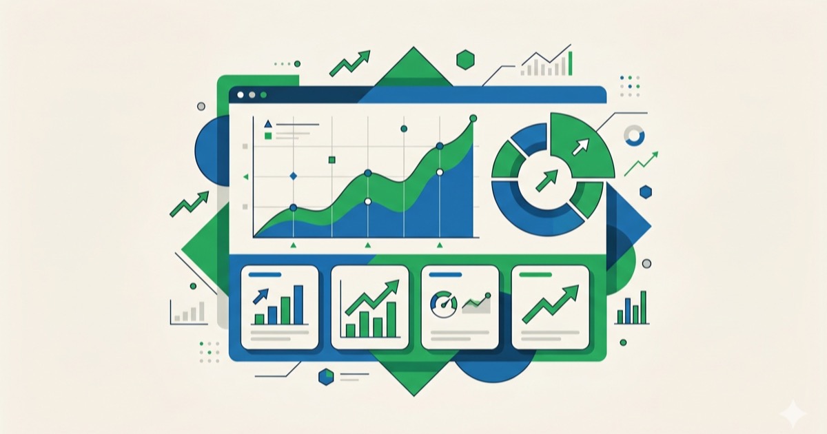 Editorial illustration of an analytics dashboard with line chart, donut and KPI tiles in green and blue palette.