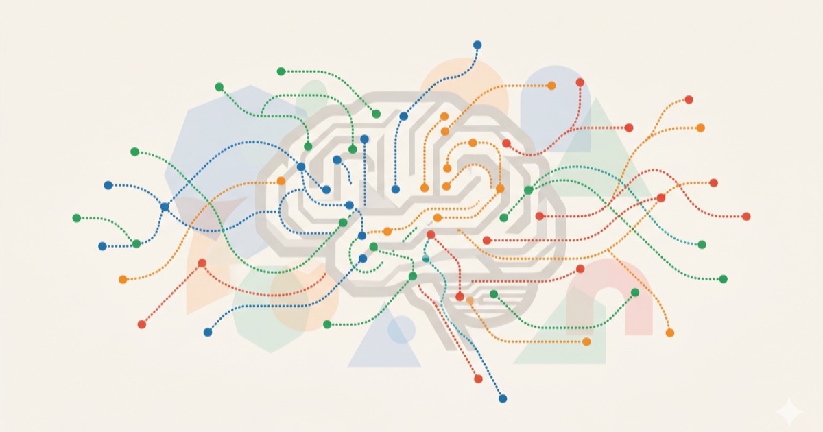 Editorial illustration of a stylized brain with connected synapses in multicolor palette.