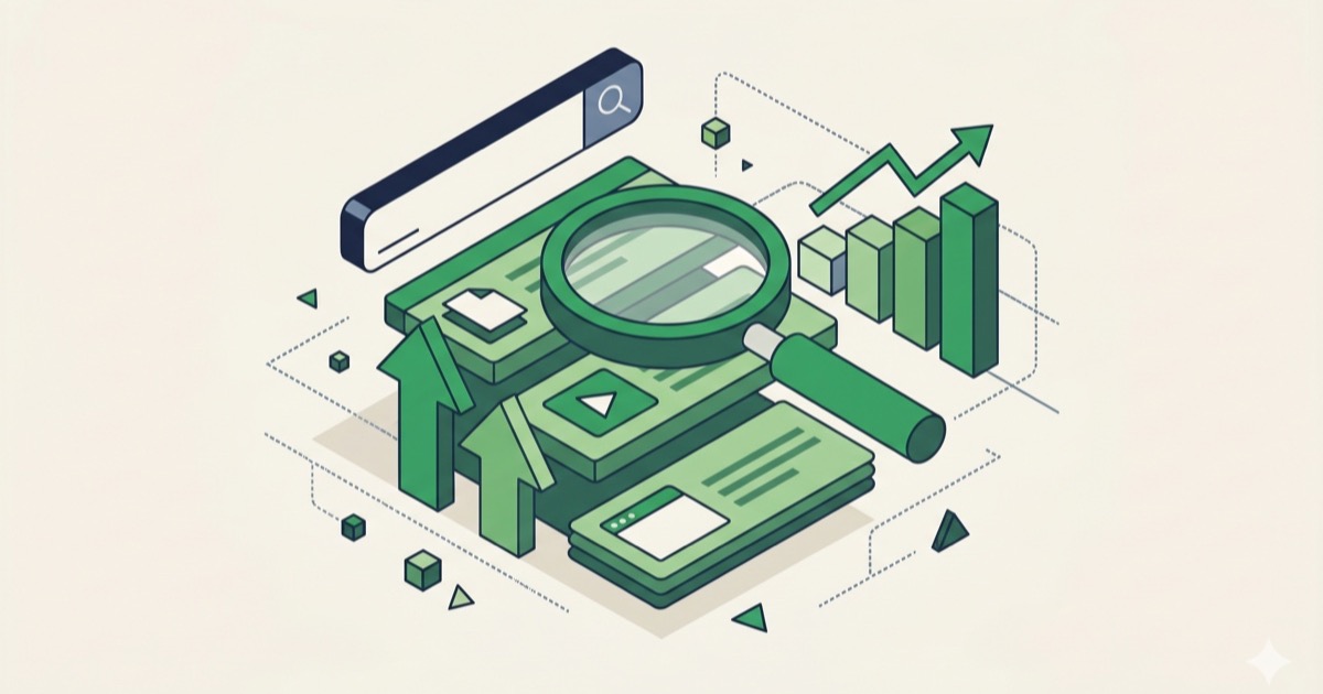 Editorial illustration of a magnifying glass over search results with growth arrow in green palette.