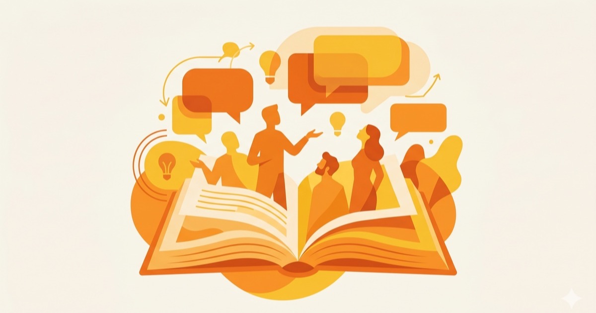 Editorial illustration of an open book with floating speech bubbles in warm palette.