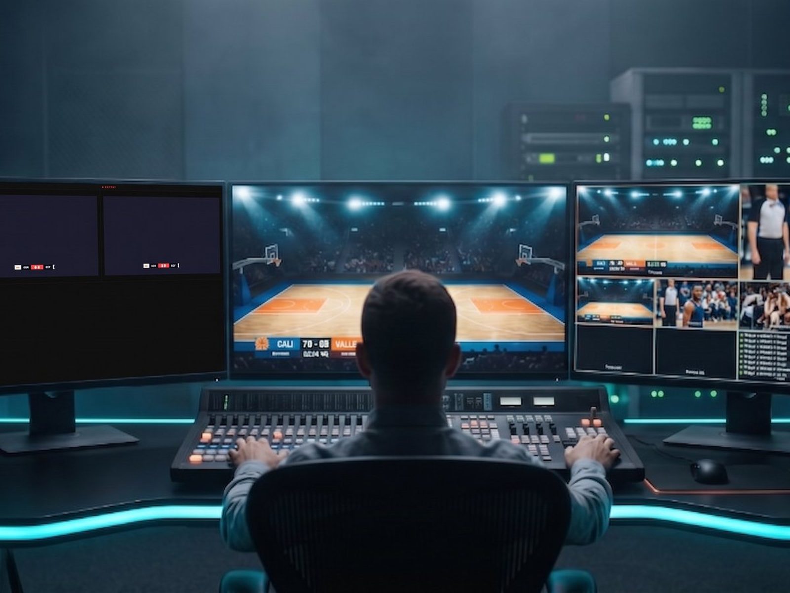 Sports broadcast control room with KronoGraph software on screen and a live basketball game.